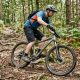 A budget mountain bike on a forest trail showing entry-level cycling gear in action