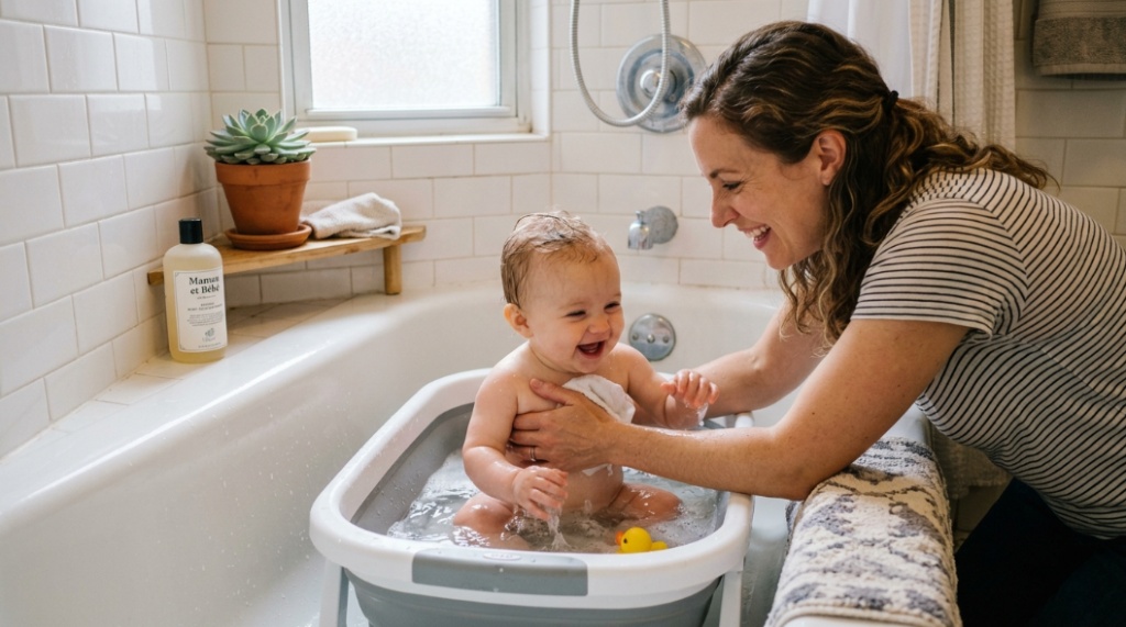 Parent bathing an infant in a foldable baby tub inside a NYC bathroom with white subway tiles.