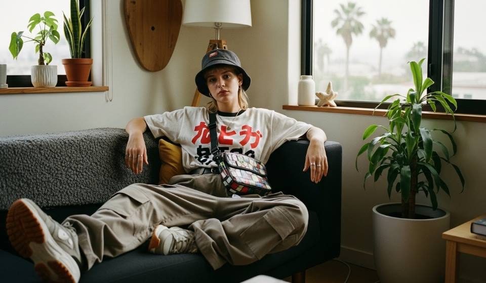 Los Angeles resident wearing relaxed Japanese streetwear indoors
