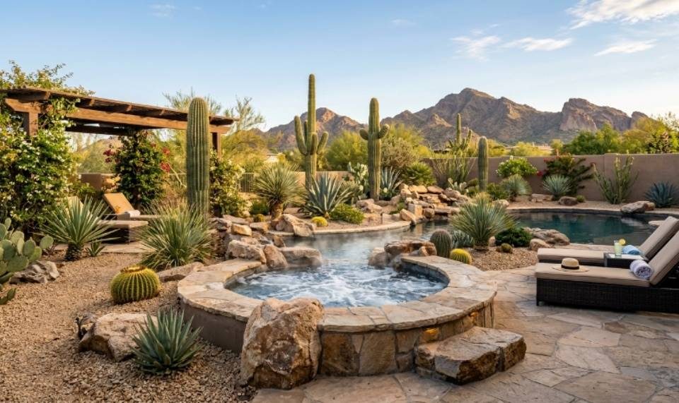 Phoenix backyard spa with desert landscaping