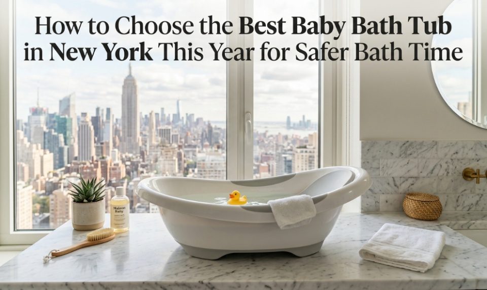 Title graphic for choosing the best baby bath tub in New York featuring a modern ergonomic tub on a counter.