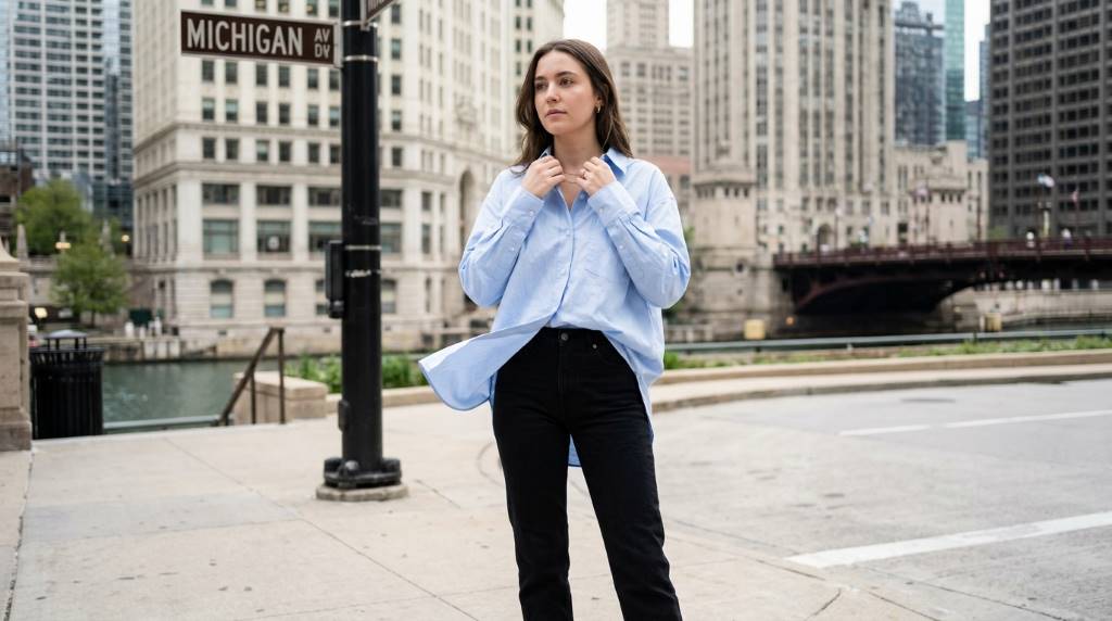 Woman wearing an oversized white shirt with smart tucking technique during windy Chicago weather