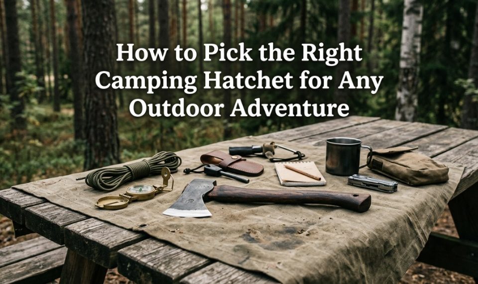 A camping hatchet rests on a wooden table surrounded by outdoor gear.