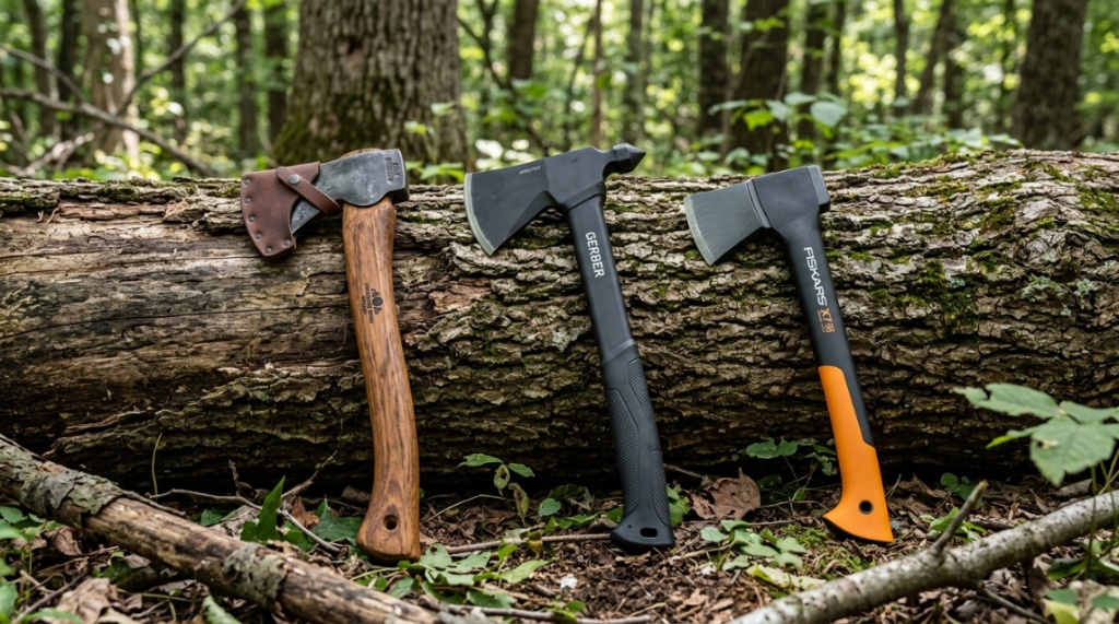 Two camping hatchets with wooden and synthetic handles leaning against a log.