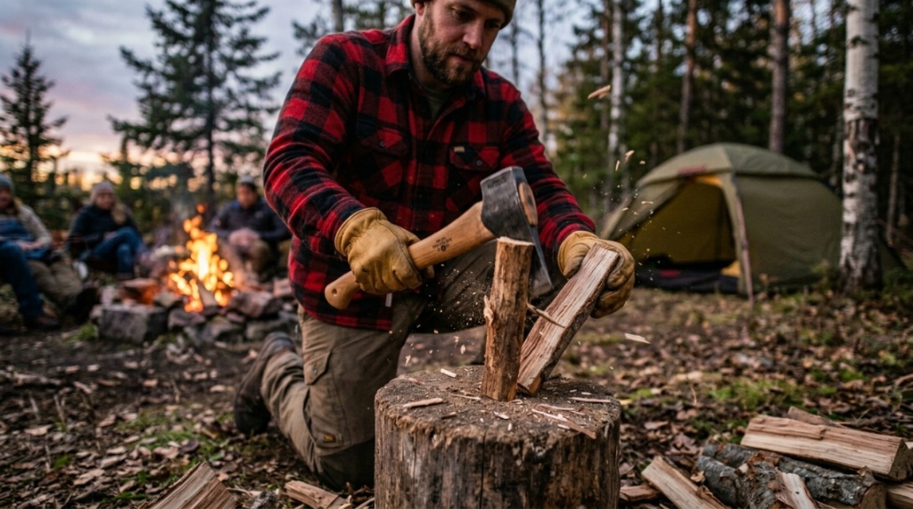 A person uses a small hatchet to split kindling at a campsite.