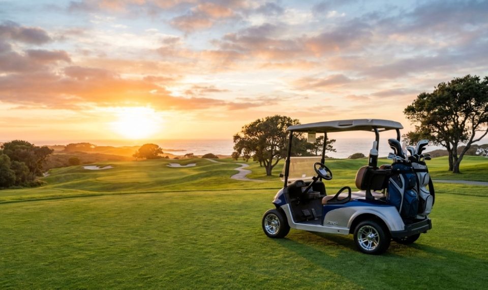 A modern electric golf cart parked on a green golf course fairway at sunset.