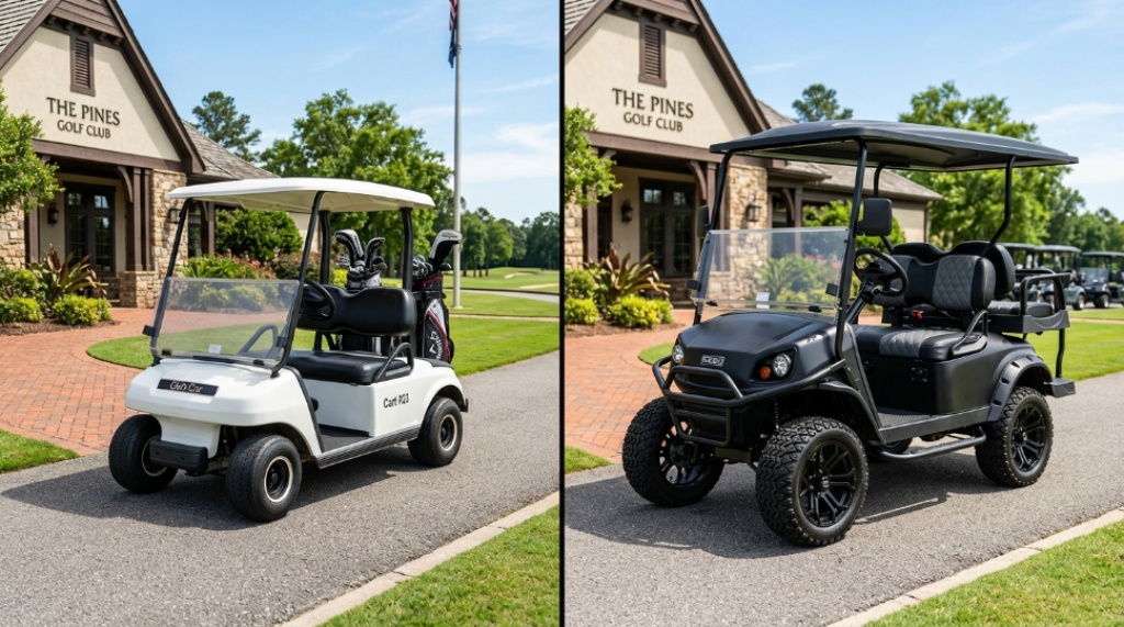 A smiling couple drives a custom blue golf cart down a sunny paved path. 