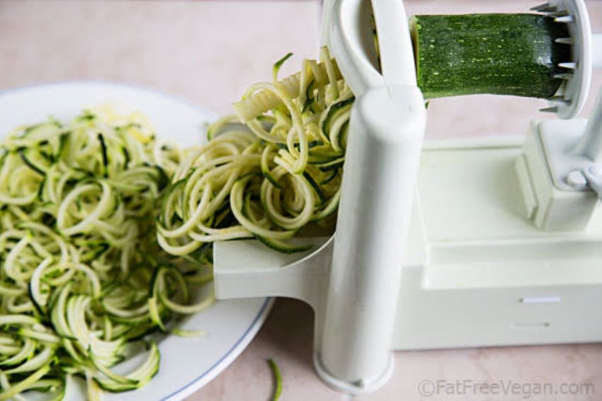 Fresh zucchini noodles made with a spiralizer in a California kitchen
