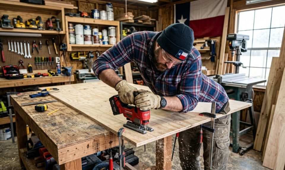 A person using a cordless jig saw to cut wood in a workshop.