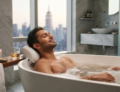A relaxed man leaning back on an ergonomic white bath pillow in a luxury New York apartment tub.
