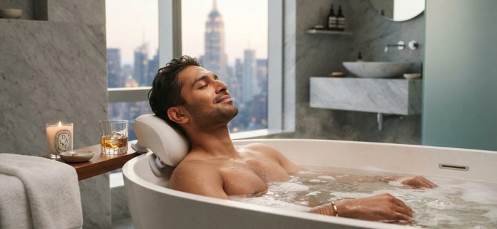 A relaxed man leaning back on an ergonomic white bath pillow in a luxury New York apartment tub.