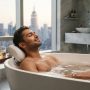 A relaxed man leaning back on an ergonomic white bath pillow in a luxury New York apartment tub.
