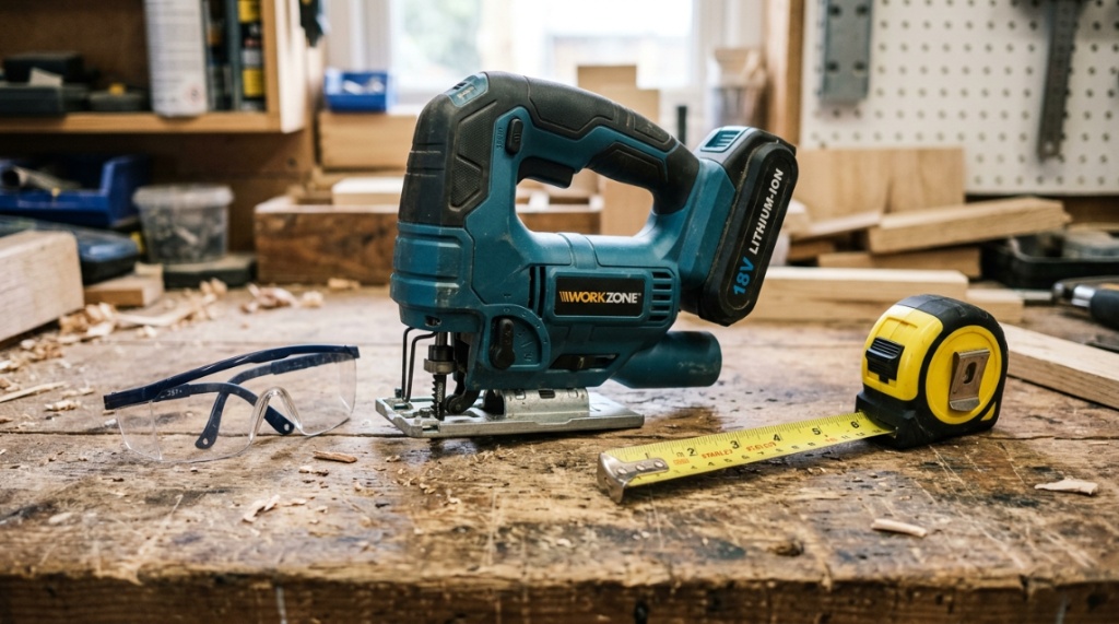 A budget cordless jig saw and safety glasses on a workbench.