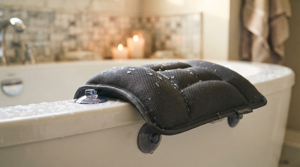 Close-up of a waterproof spa bath pillow mounted on a modern porcelain bathtub edge.