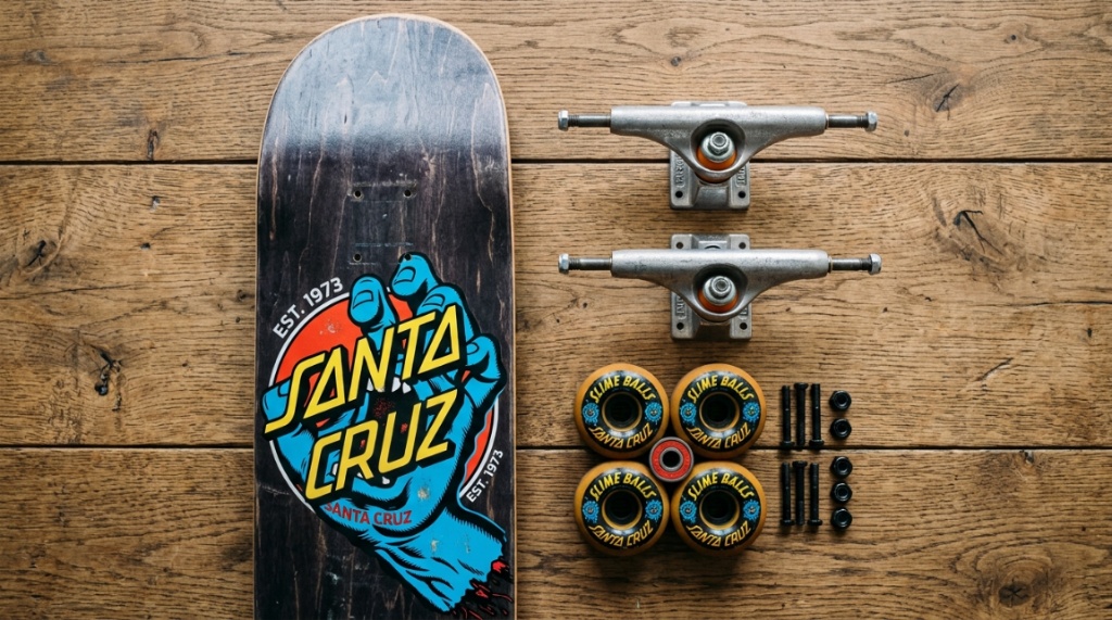 Durable Santa Cruz skateboard deck, wheels, and trucks displayed on a flat surface.