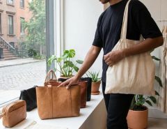 Shopper examining plant-based leather coat in modern New York designer showroom.