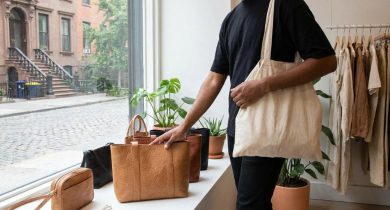 Shopper examining plant-based leather coat in modern New York designer showroom.