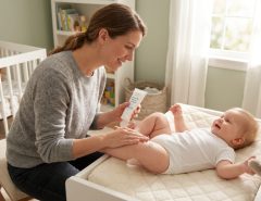 Parent gently applying moisturizing lotion to a baby's leg in sunlight.