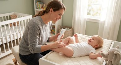 Parent gently applying moisturizing lotion to a baby's leg in sunlight.
