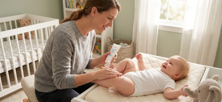 Parent gently applying moisturizing lotion to a baby's leg in sunlight.