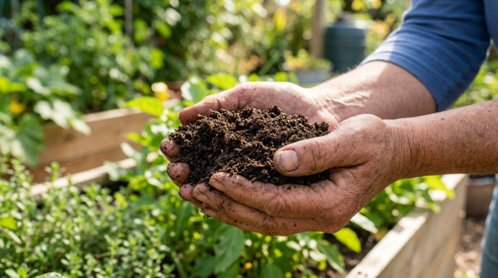 Gardener crumbling rich organic compost to check texture.