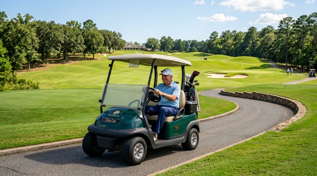 Senior golfer stepping comfortably out of a modern golf cart.