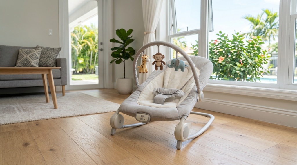 Parent securing safety harness straps over an infant in a bouncer.