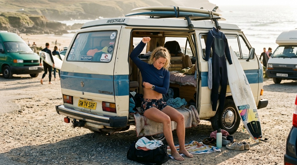 Surfer putting on a rash guard by a beach van