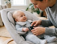 Secure baby bouncer resting on a flat floor in a living room.