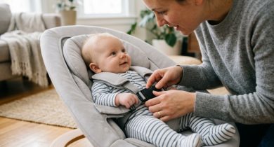 Secure baby bouncer resting on a flat floor in a living room.