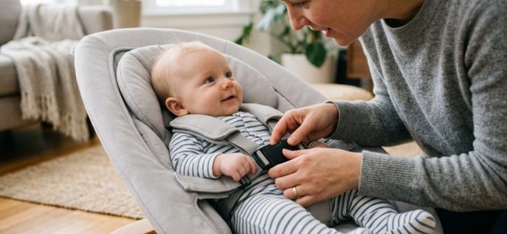 Secure baby bouncer resting on a flat floor in a living room.
