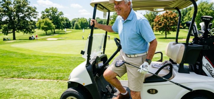 Older smiling male golfer driving an electric cart on a sunny fairway.