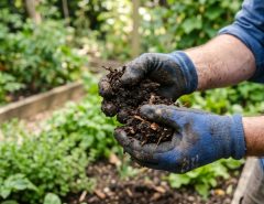 Gardener holding rich, dark, crumbly finished compost outdoors.