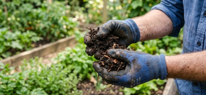 Gardener holding rich, dark, crumbly finished compost outdoors.